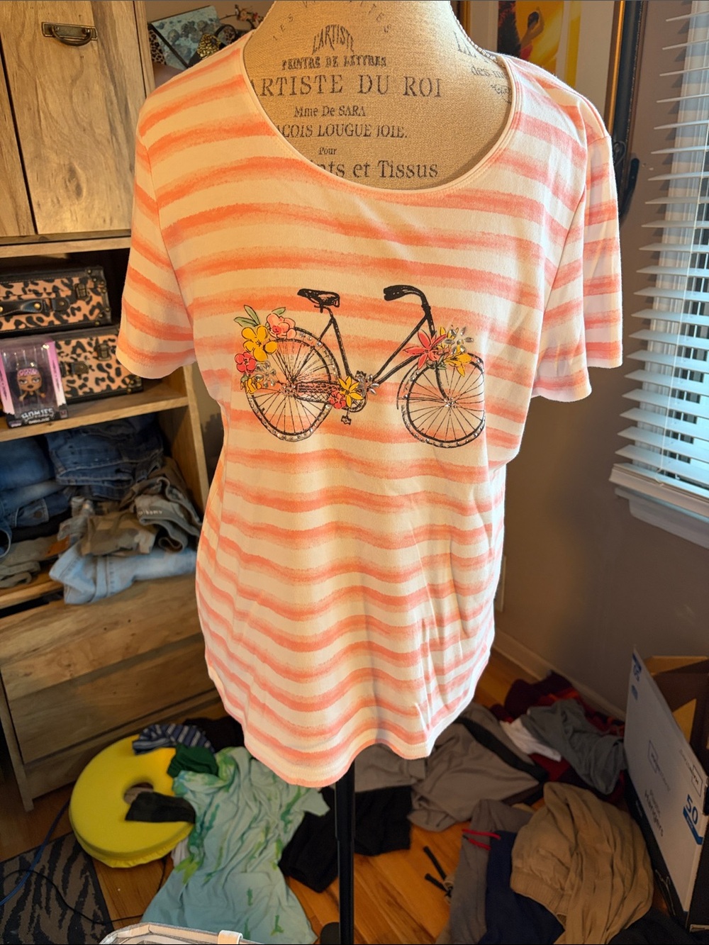 Karen Scott Pink Striped Bicycle Graphic Tee - XL